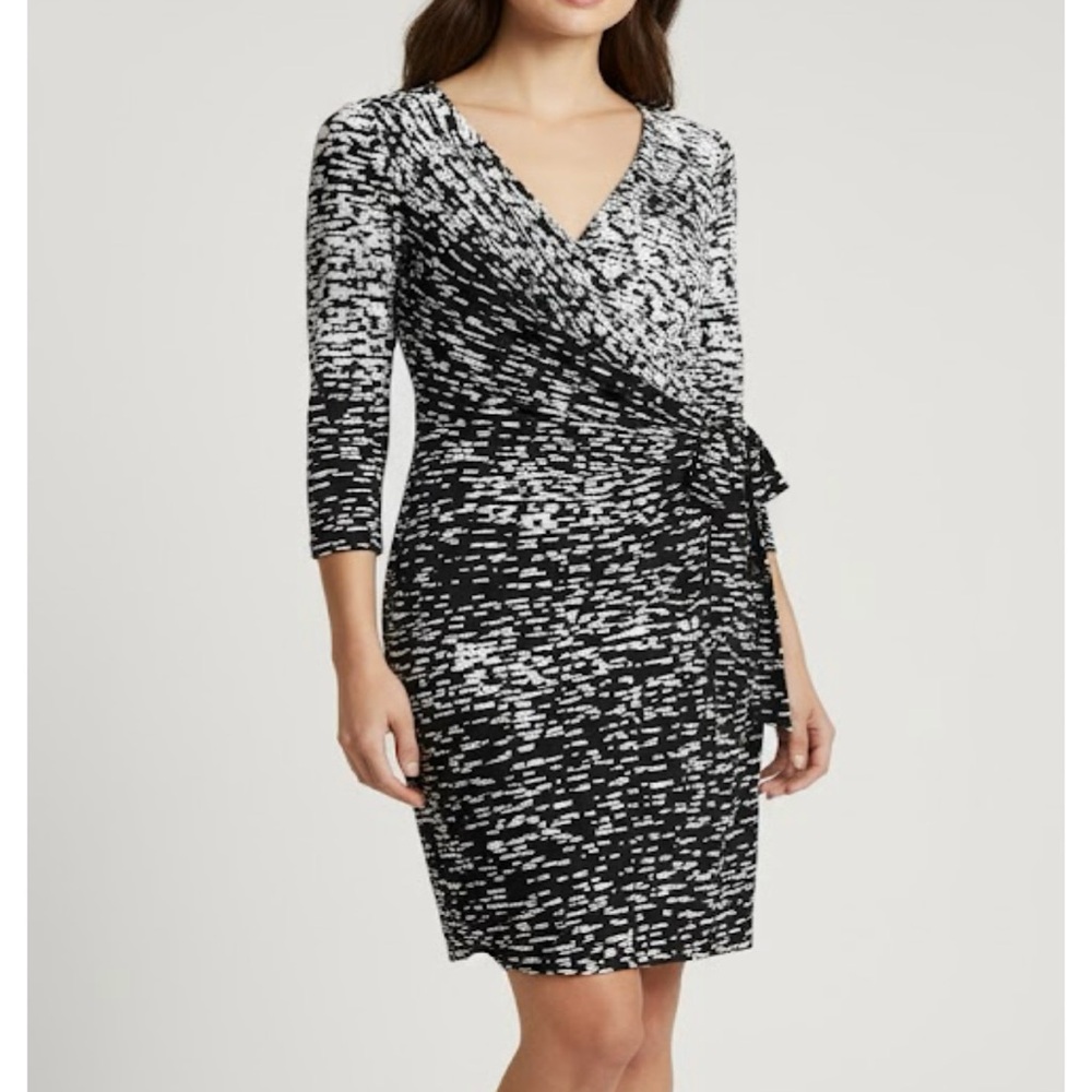 Ralph Lauren Black White Geo Faux Wrap Tie 3/4 Sleeve Stretch Sheath Dress 4